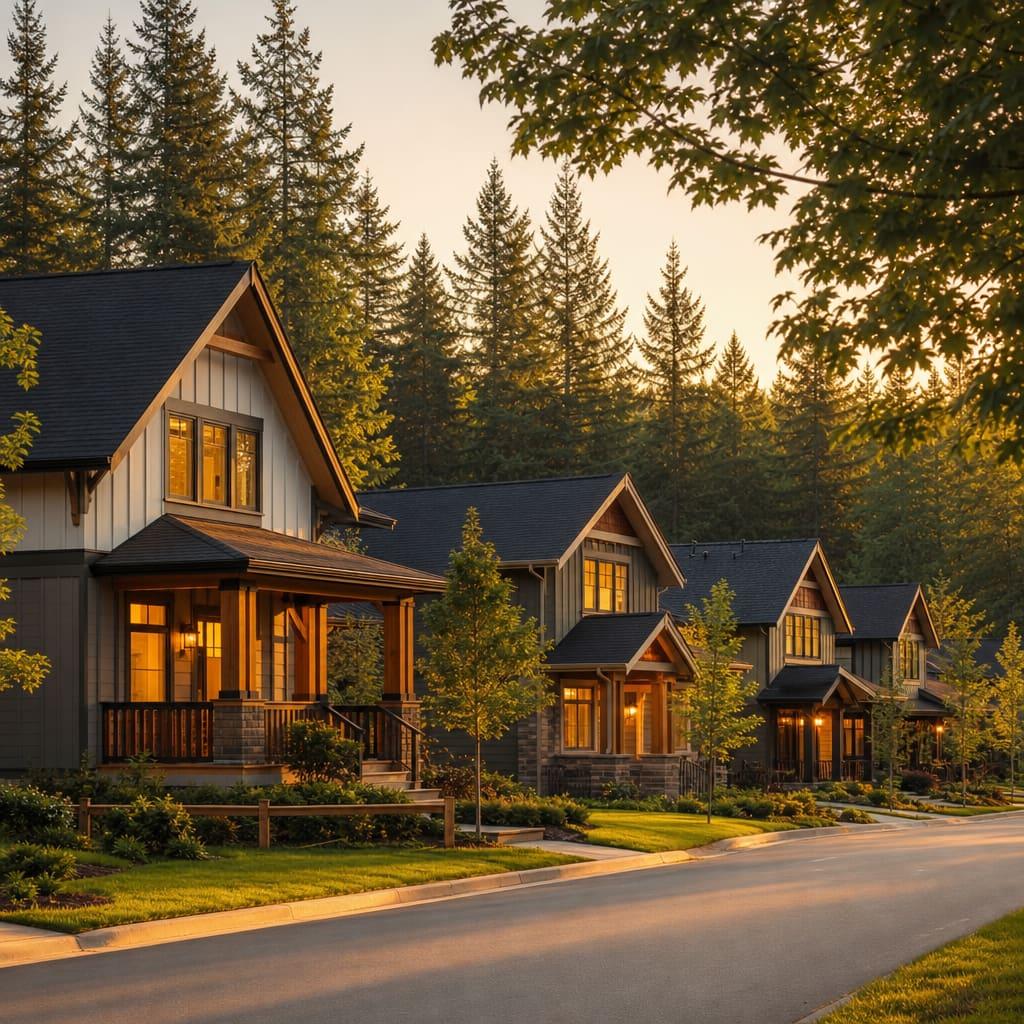 A warm craftsman-style home community in the Pacific Northwest at golden hour