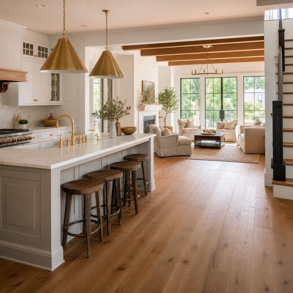 A bright kitchen and living space in a North Grove home, quartz counters and wide-plank floors