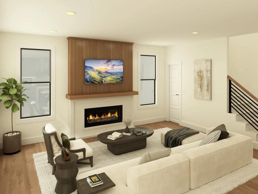 North Grove Lot 2 open-concept living room with linear fireplace