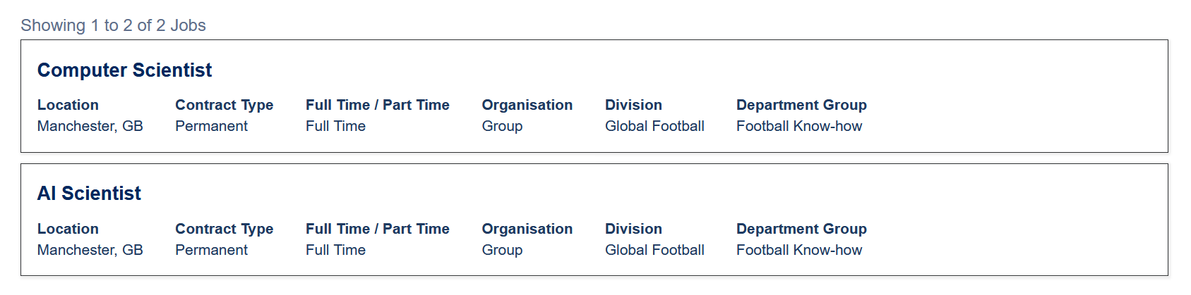 Screenshot of the CFG job listings, with the Department Group given as