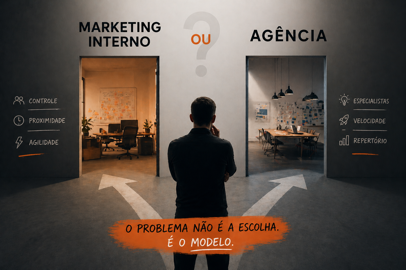 Marketing interno ou agência: o problema não é a escolha. É o modelo.