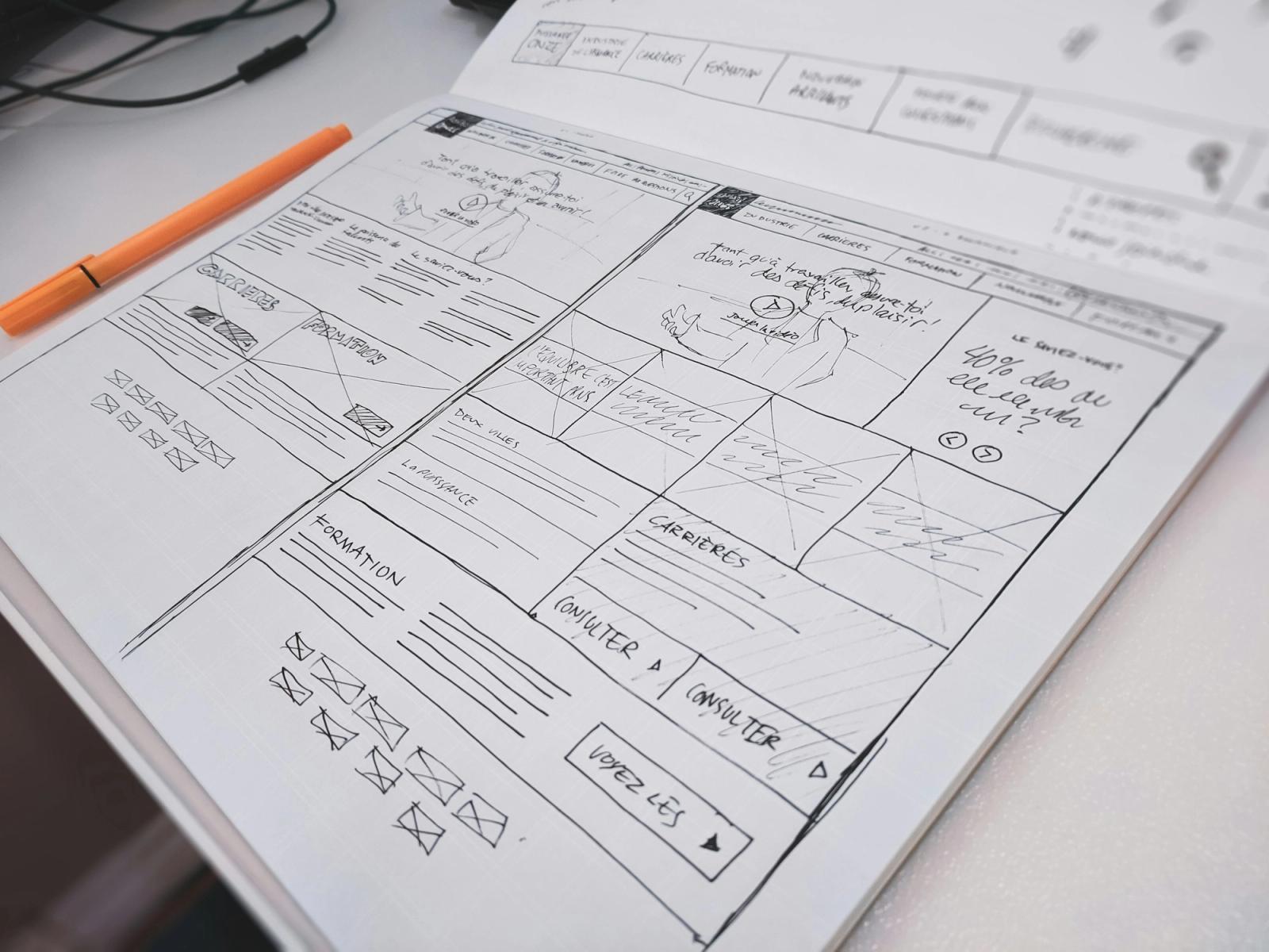 Wireframe de landing page desenhado à mão sobre a mesa, com caneta ao lado