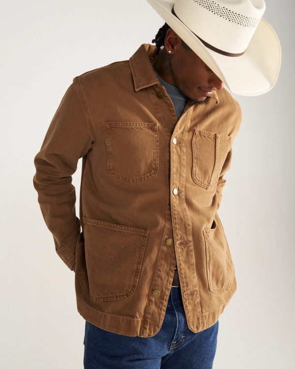 Front view of Men's Chore Jacket - Washed Tobacco on model