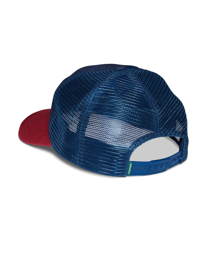 Quarterback view of Vintage Patch Five-Panel Low Profile Hat - Navy/Red on plain background