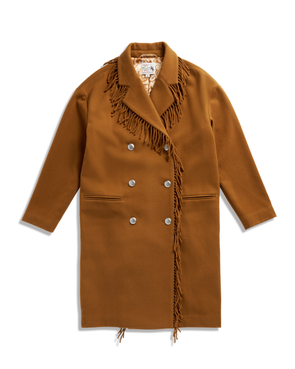 Closeup detail view of Women's Western Fringe Coat - Caramel