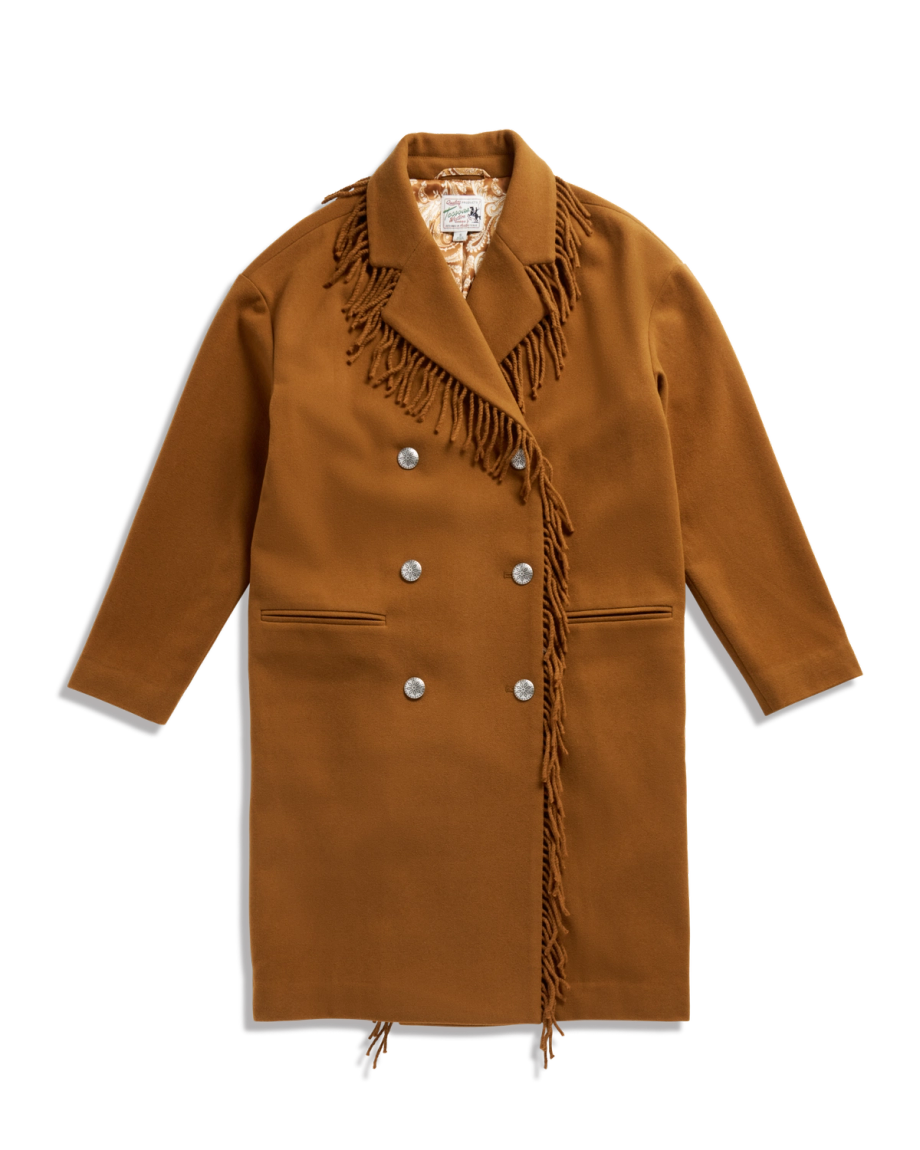 Closeup detail view of Women's Western Fringe Coat - Caramel