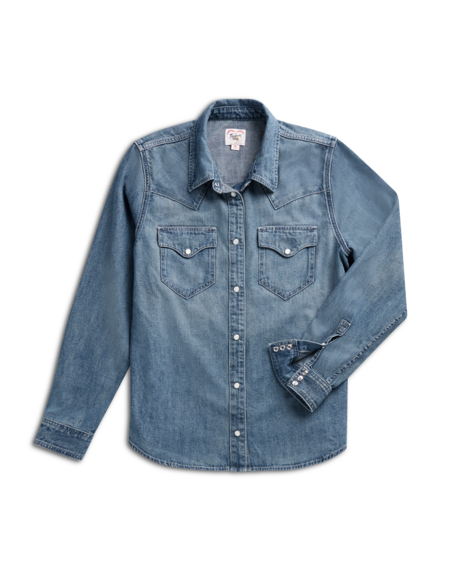 Closeup detail view of Women's Denim Pearl Snap (III) - Medium Wash