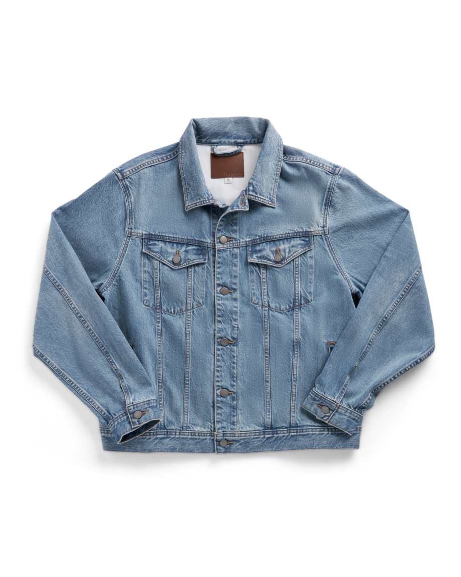 Front view of Men's Classic Denim Trucker Jacket - Acid Wash on plain background
