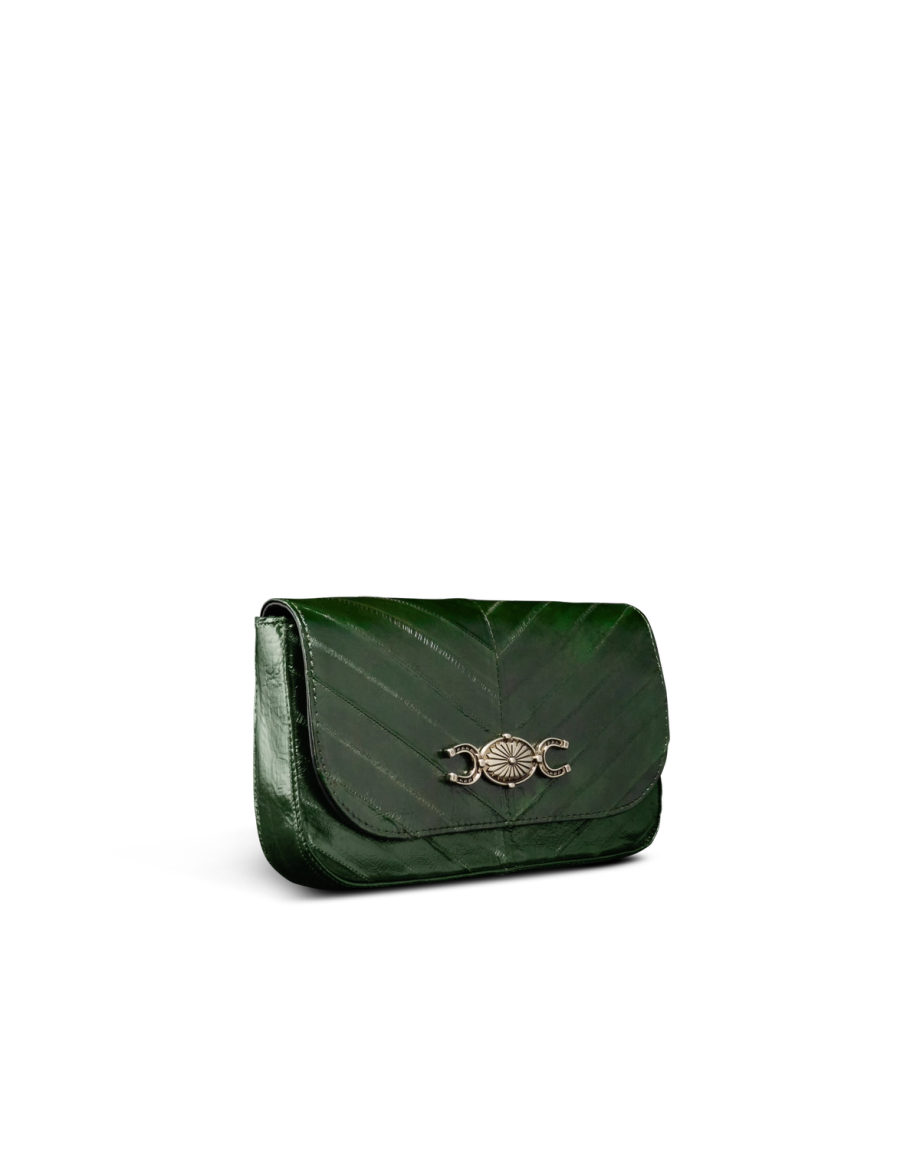 Quarterfront view of Eel Concho Clutch - Green on plain background