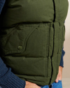 Closeup detail view of Men's Western Canvas Puffer Vest - Dark Green/Khaki