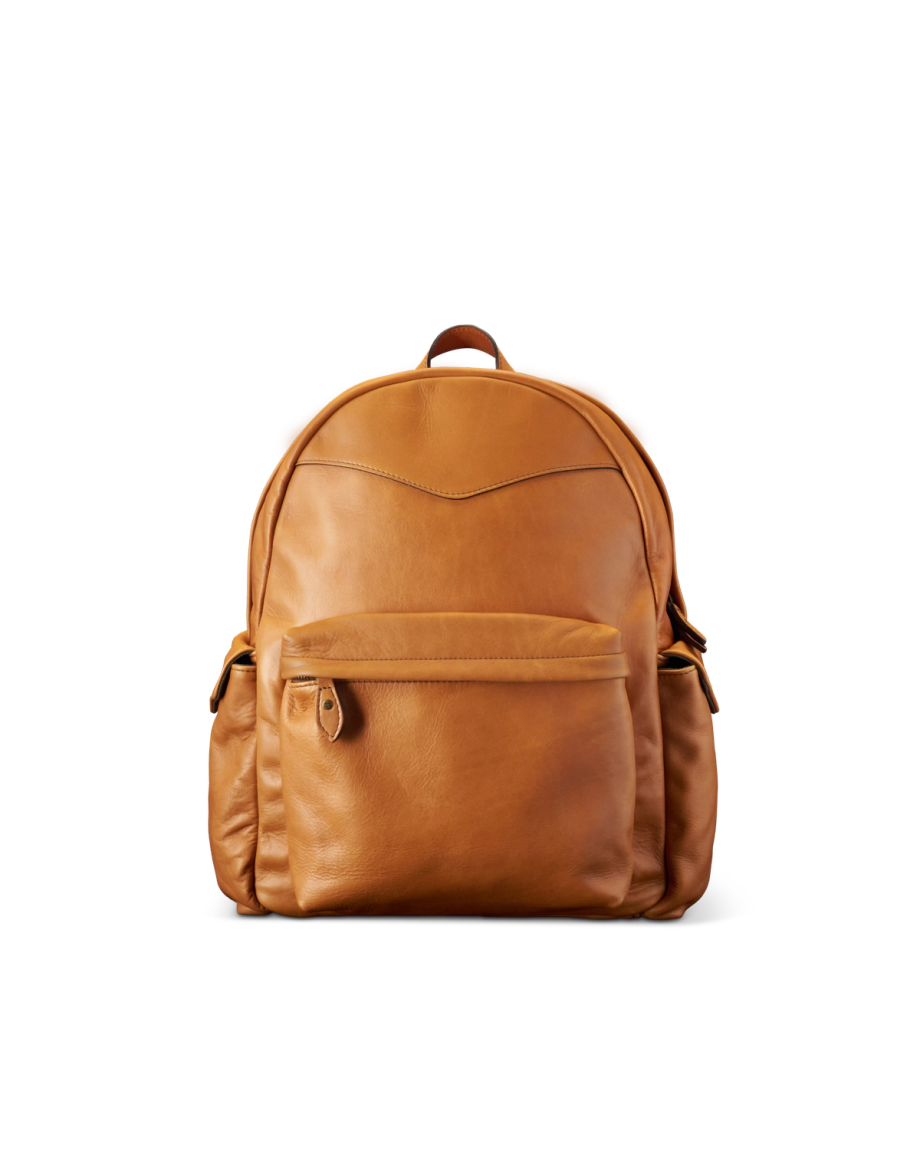 Front view of Men's Leather Backpack - Caramel on plain background