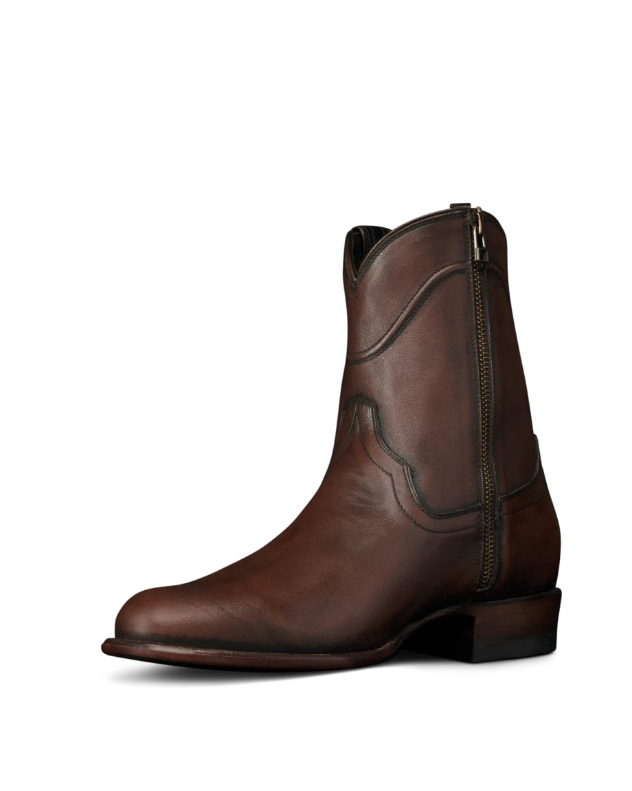 Quarterfront view of The Dean - Iced Tea Cowhide on plain background