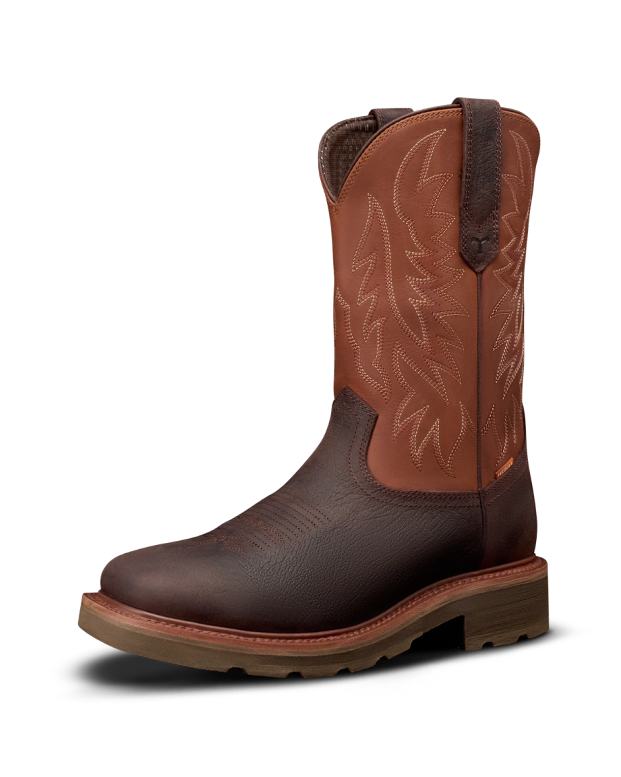 Quarterfront view of LongHaul Waterproof Square Soft Toe Work Boot with Temp Control - Dark Chocolate/Clay Cowhide on plain background