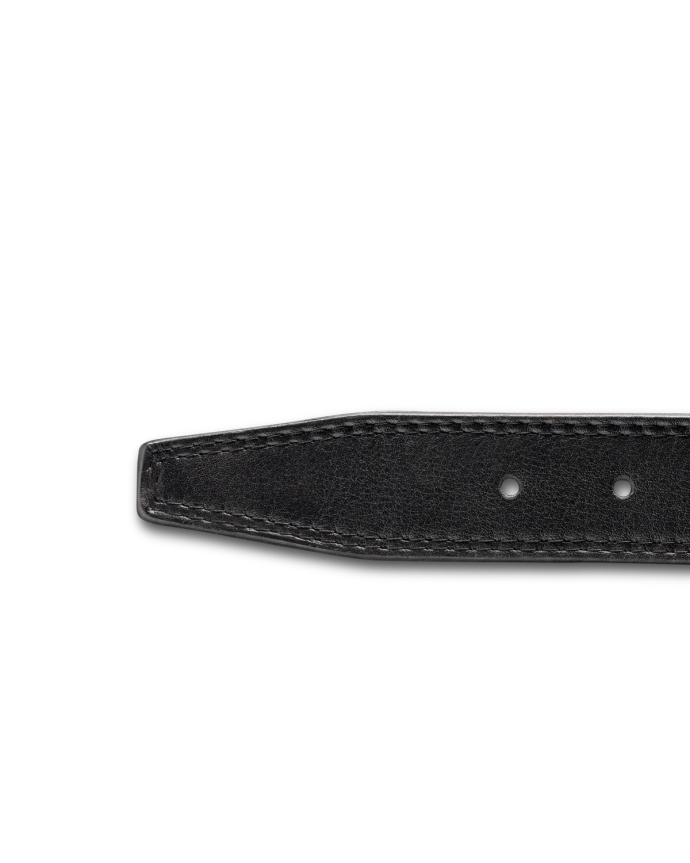 A close-up of a black leather belt with multiple holes, shown against a black background.