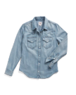 Light blue denim long-sleeve shirt with snap buttons, two front chest pockets, and pointed collar, displayed on a plain background.