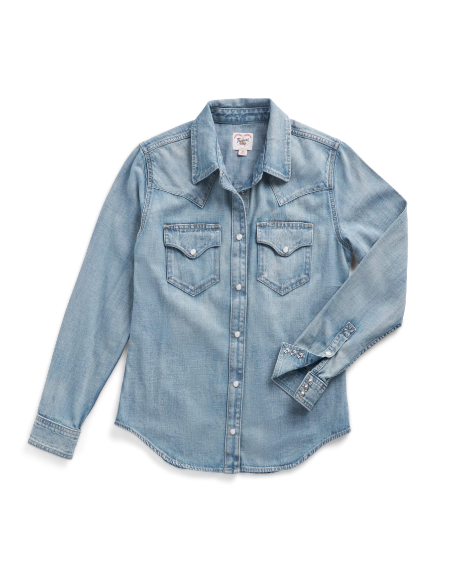 Light blue denim long-sleeve shirt with snap buttons, two front chest pockets, and pointed collar, displayed on a plain background.