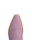 The Annie in Lavender Suede. Close-up of the pointed toe of a Lavender Suede cowboy boot with decorative stitching and a light brown sole, set against a white background.