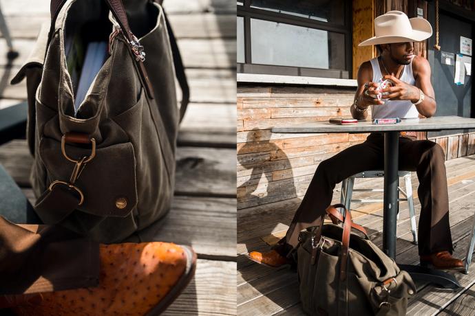 messenger bag, man on a porch