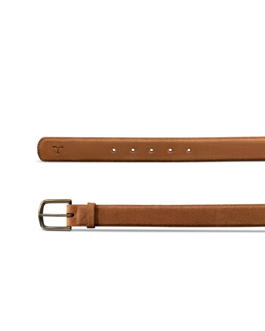 A brown leather belt with a silver rectangular buckle and multiple adjustment holes, displayed on a white background.