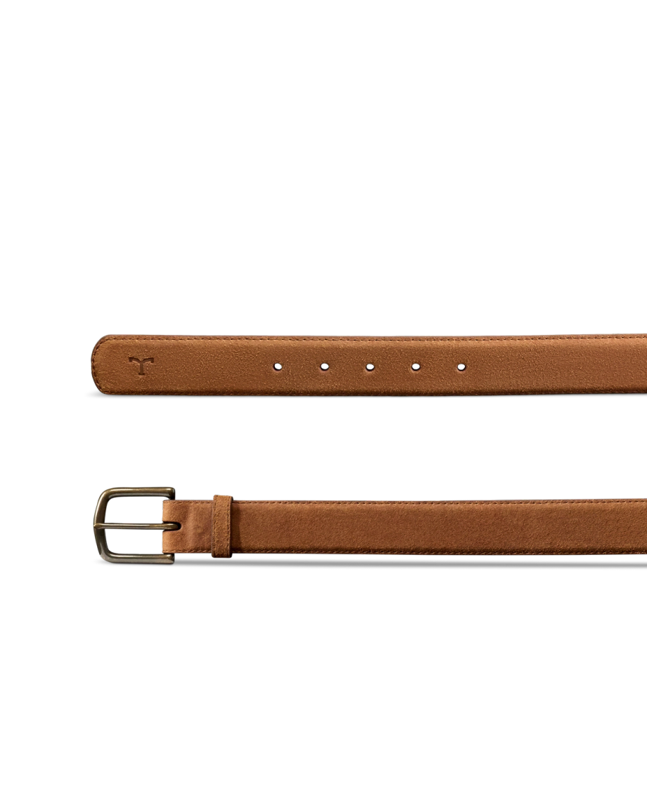 A brown leather belt with a silver rectangular buckle and multiple adjustment holes, displayed on a white background.