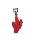 A red leather keychain in the shape of a cactus with embossed text and a metal clasp attached at the top.
