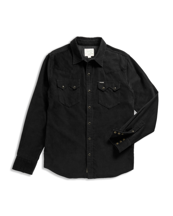 Closeup detail view of Men's Texas Weight Corduroy Pearl Snap LS - Black