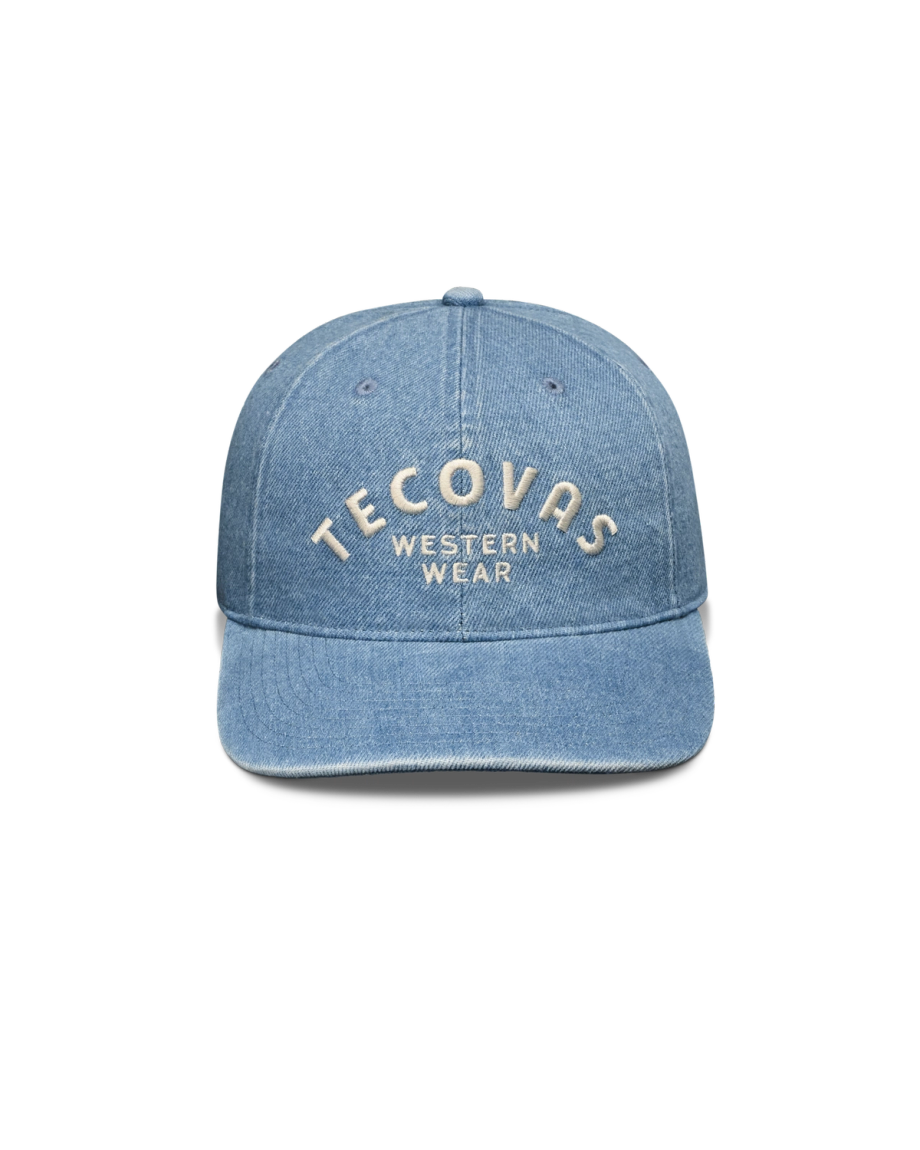 Front view of Tecovas Western Wear Denim Hat - Blue on plain background