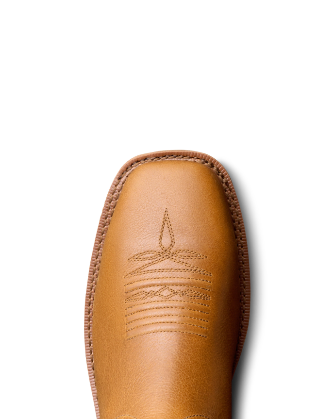 Toe view of The LongHaul WP Square Comp Toe Work Boot - Wheat / Maple on plain background