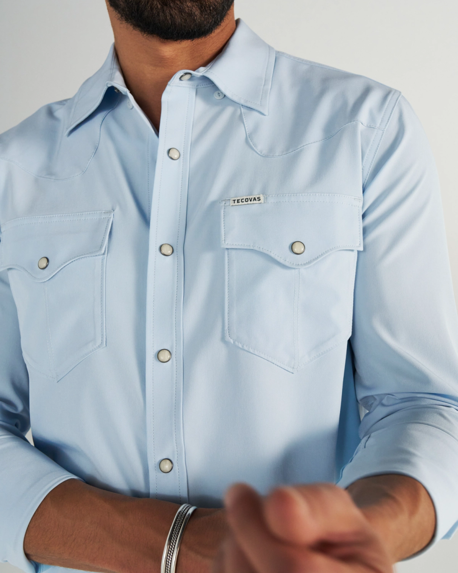 Closeup detail view of Men's Performance Western Pearl Snap LS - Sky