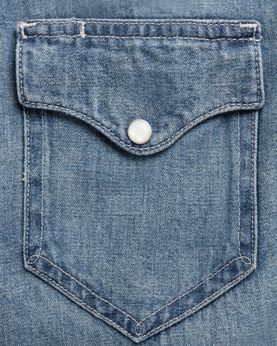 Closeup detail view of Women's Denim Pearl Snap (III) - Medium Wash