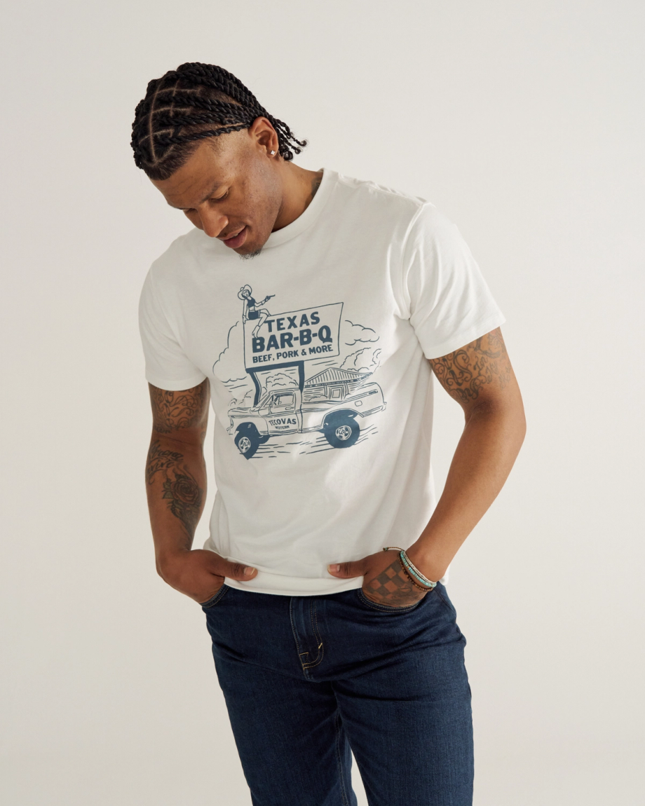Front view of Men's Texas BBQ Tee - Bone / Blue on model