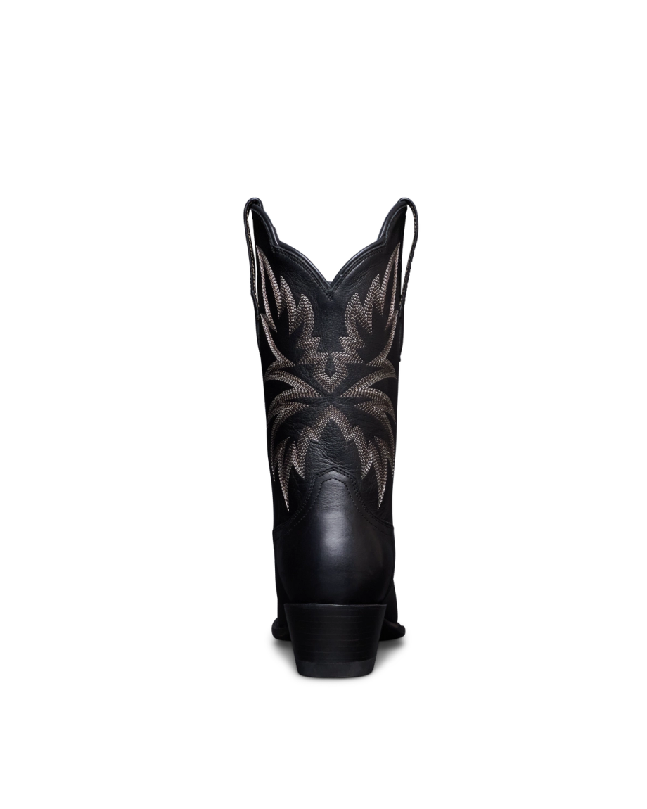 View of the back of the sadie boot in the color midnight. 