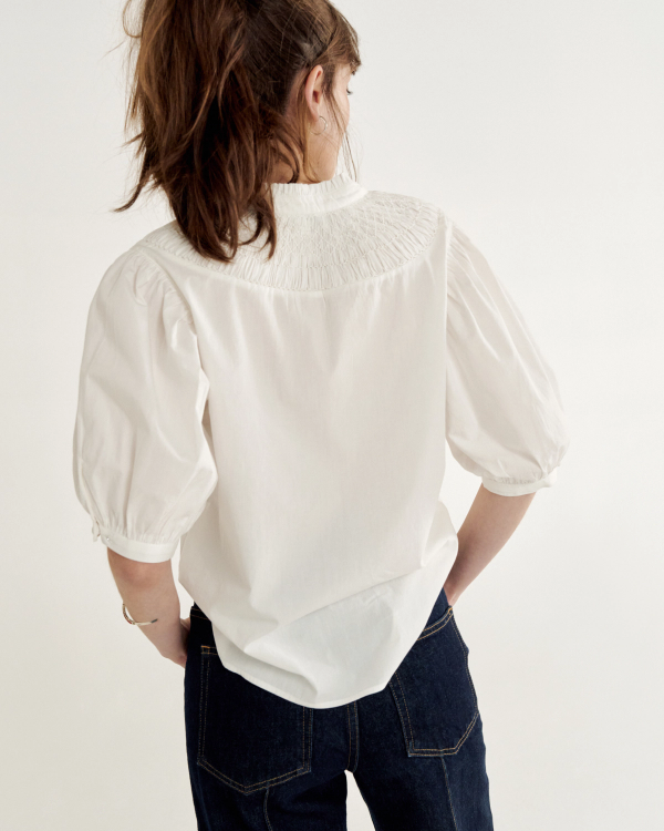 Back view of Women's Split Neck Top - White on model
