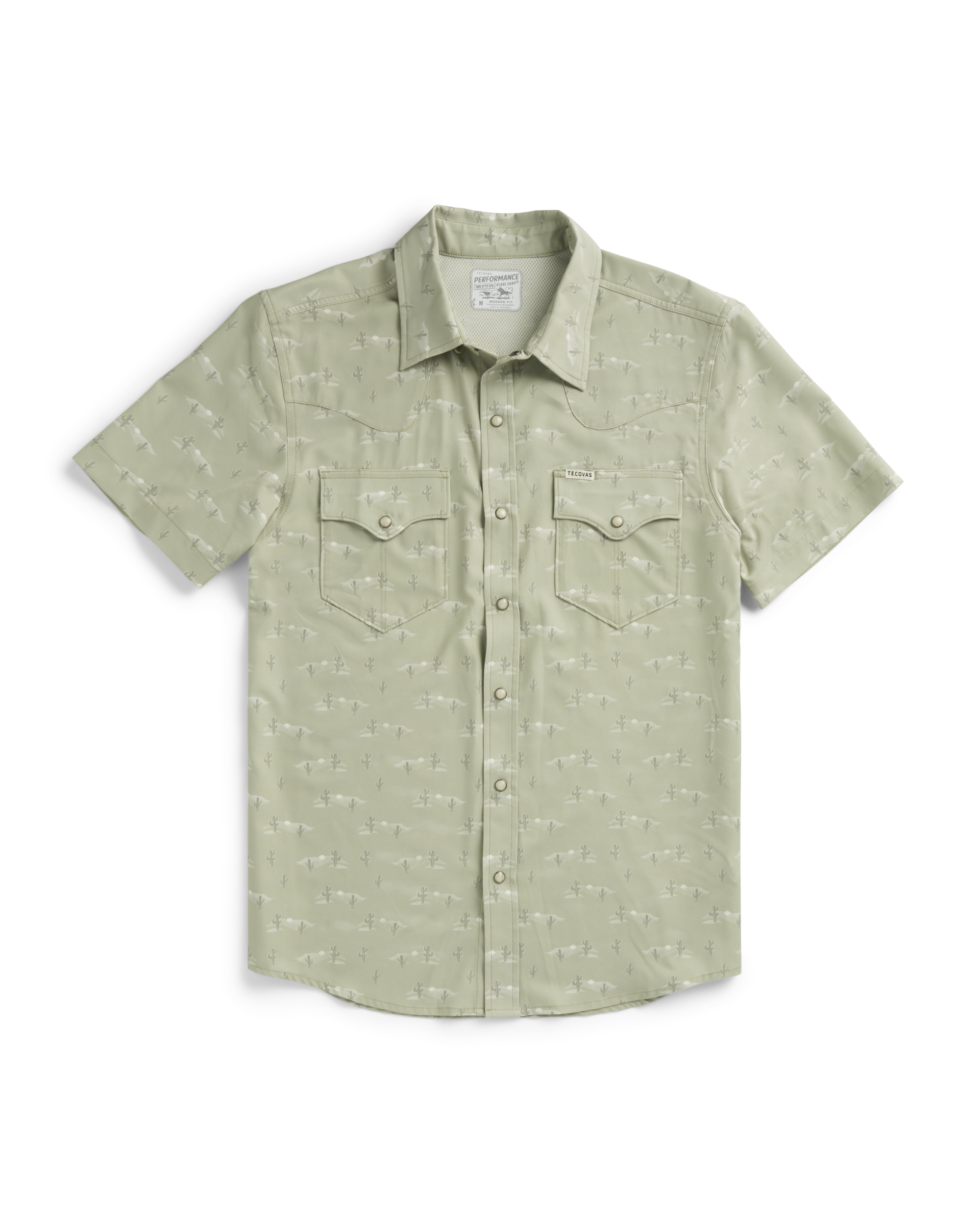 Closeup detail view of Men's Performance Western Short Sleeve Pearl Snap - Desert Sage/Light Sand