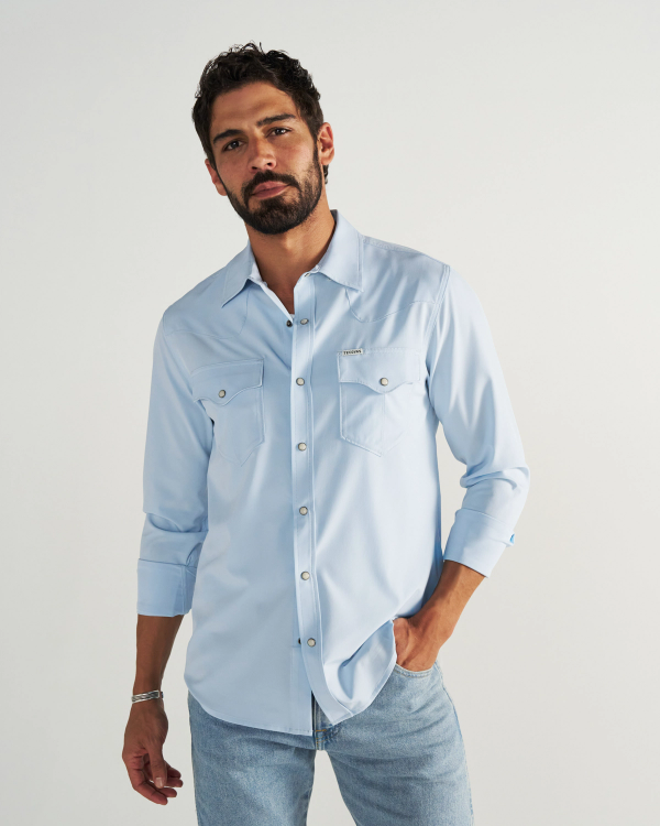 Closeup detail view of Men's Performance Western Pearl Snap LS - Sky