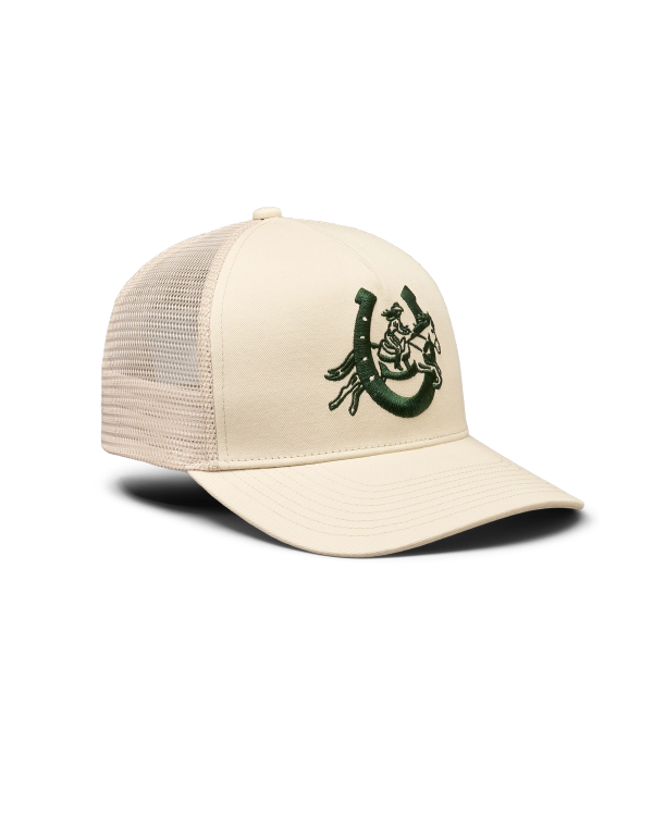Quarterfront view of Lucky Cowgirl Trucker - Cream on plain background