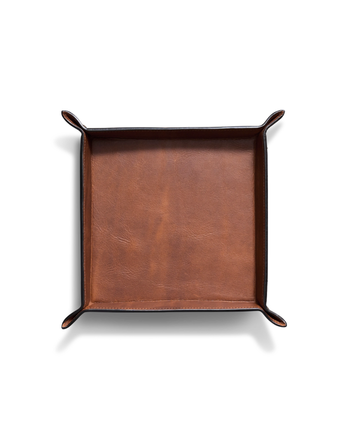 A square brown leather valet tray with raised edges and rounded corners, photographed from above on a white background.