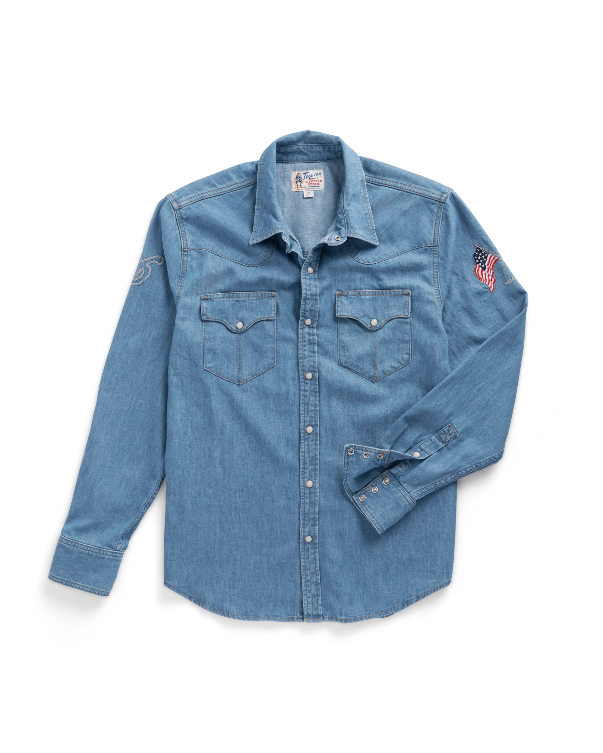 Closeup detail view of Men's Denim Pearl Snap LS - Turquoise / Multi