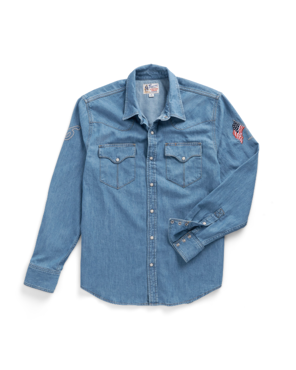 Closeup detail view of Men's Denim Pearl Snap LS - Turquoise / Multi