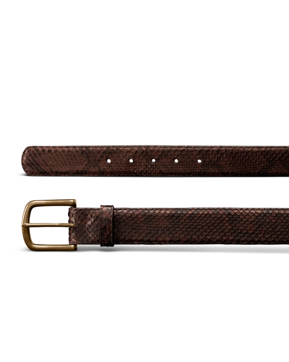 Closeup view of Men's Python Belt II - Chocolate