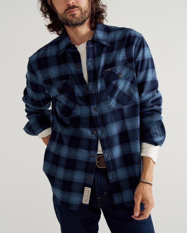 Front view of Men's Everyday Flannel LS - Navy / Evening Blue on model