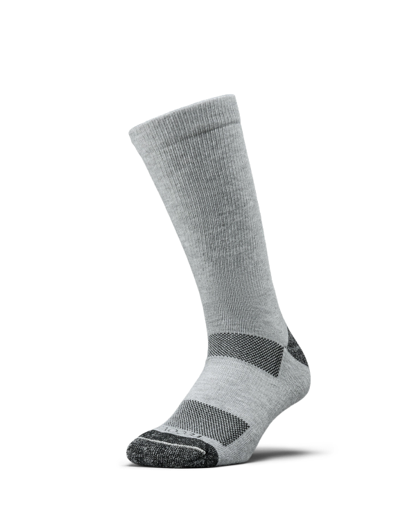 A single gray crew sock with dark gray reinforced heel, toe, and arch, displayed upright on a plain white background.