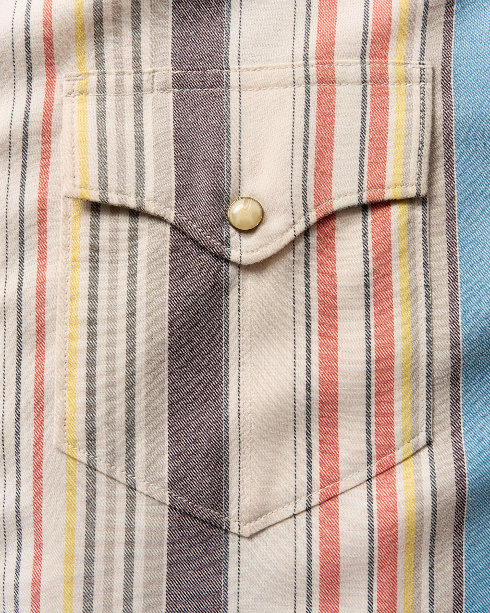Closeup detail view of Men's Flying-T Foundation Weight Pearl Snap - Tan Multi Wide Stripe