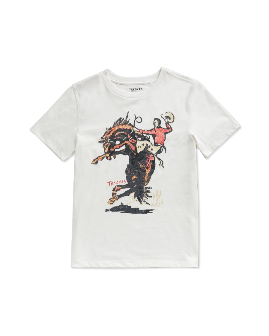 White short-sleeve T-shirt featuring an illustration of a rodeo cowboy riding a bucking horse, with "Tecovas" printed below the graphic.