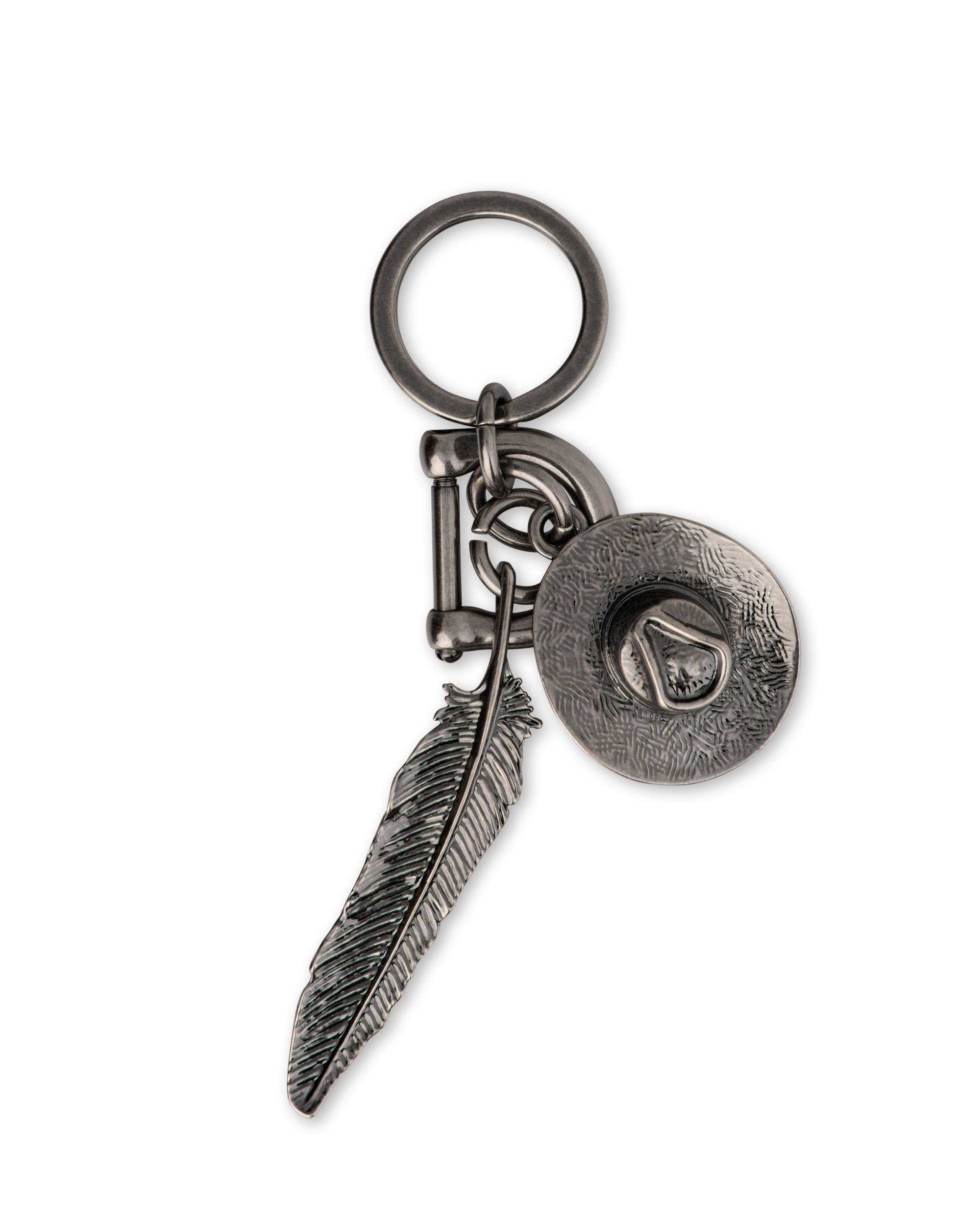 Metal keychain with a feather charm and a cowboy hat charm attached to a round key ring.