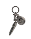 Metal keychain with a feather charm and a cowboy hat charm attached to a round key ring.