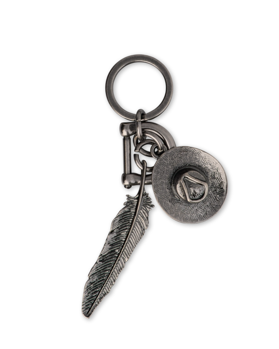 Metal keychain with a feather charm and a cowboy hat charm attached to a round key ring.