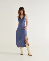Full view of Women's Embroidered Slip Dress - Navy on model