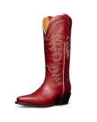 Red cowboy boot with decorative stitching, angled view.