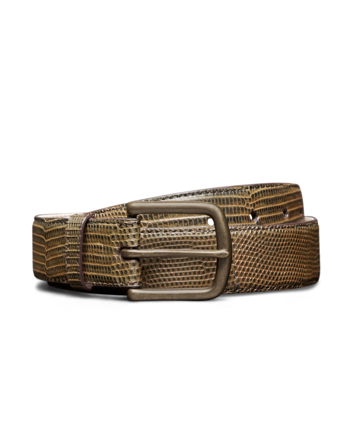 Unbuckled view of Men's Lizard Belt II - Burnt Cedar on plain background